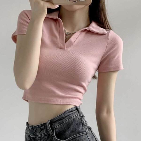 Hot Girl Slim V-neck Short-sleeved T-shirt For Women - Image 7