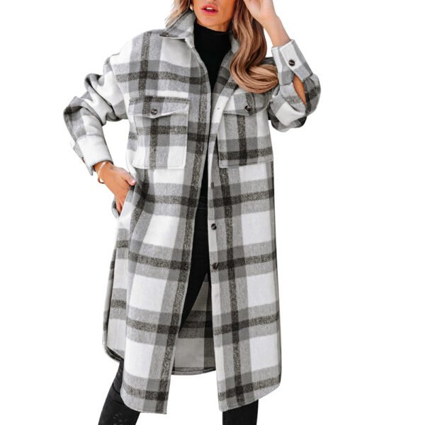 Women's Plaid Button Flannel Long Coat - Image 5