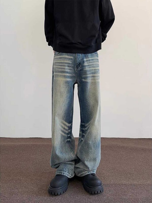 Men's Loose Straight Washed-out Vintage Jeans With Whiskers - Image 4