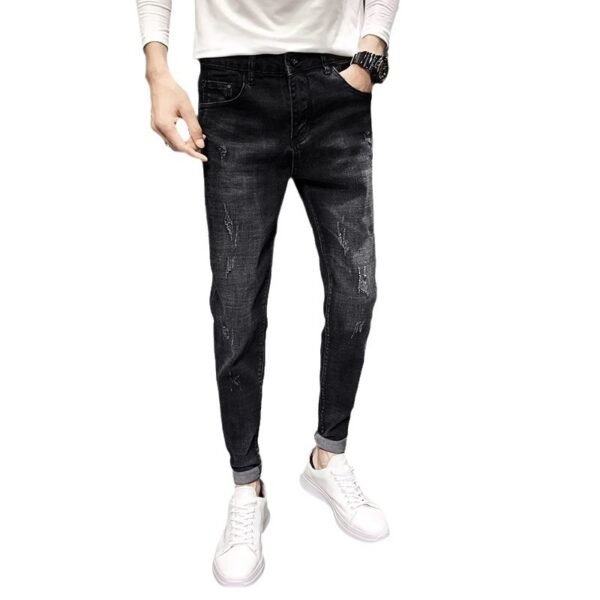 Jeans Men's Black Tapered Cropped Elastic Slim Fit Slimming - Image 4