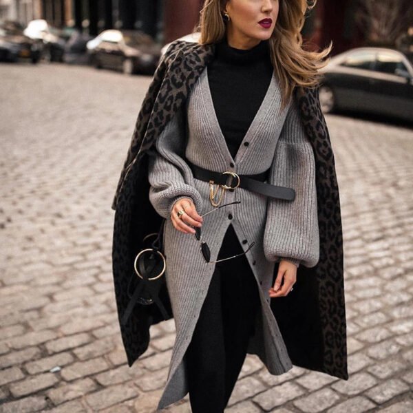 Coat Mid-length Black With A Turn-down Collar Leopard Print Top - Image 3