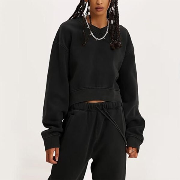 Women's V-neck Long-sleeved Midriff Outfit Sweatshirt Lace-up Sports Trousers - Image 5