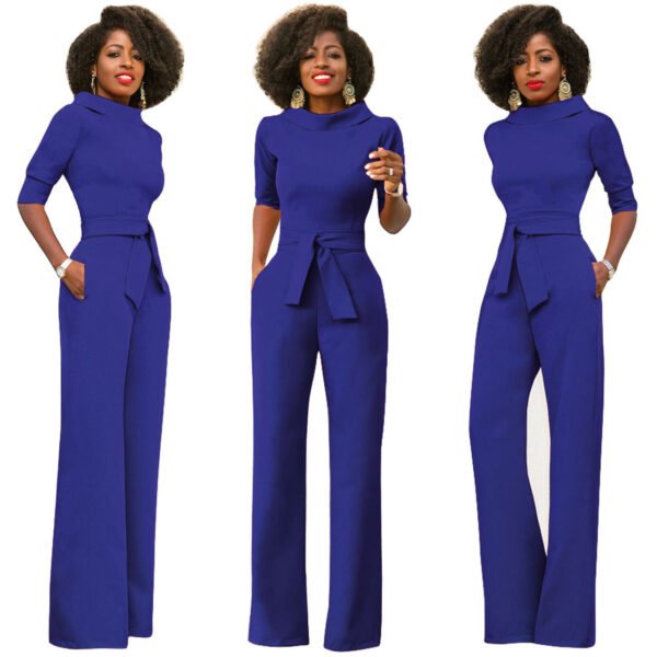 Women's Solid Color Five Quarter Sleeve High Waist Wide Leg Jumpsuit - Image 4