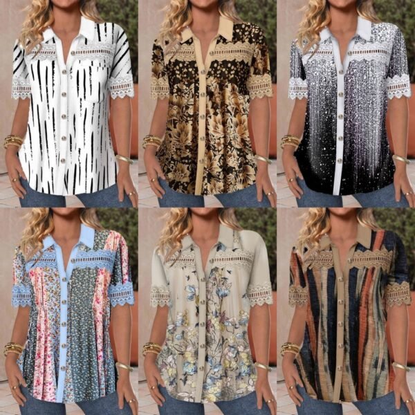 Women's V-neck Buttons Stitching Short Sleeve Casual Printed Shirt - Image 2