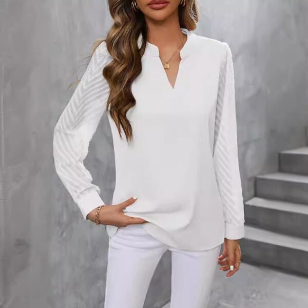 Chiffon Patchwork Long Sleeve Solid Color And V-neck Shirt - Image 2