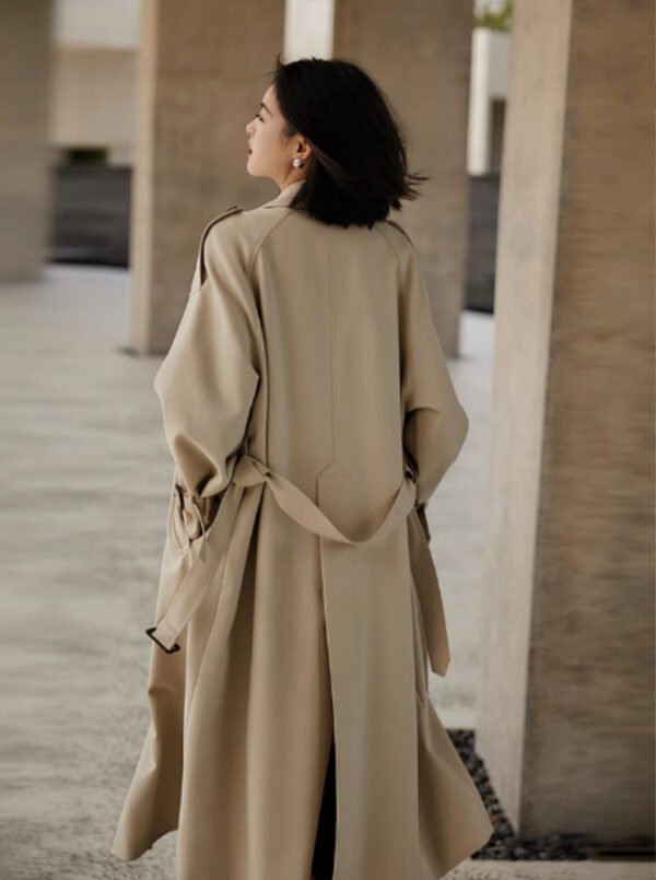 Twill Large Lapel Double Breasted Lacing Mid-length Trench Coat - Image 5