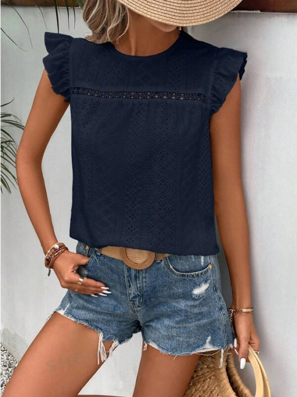 Round Neck Lace Solid Color Ruffled Short Sleeve - Image 5