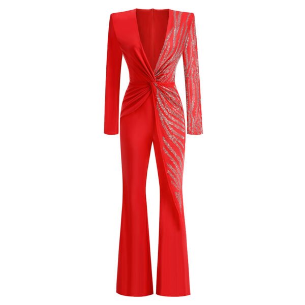 Elegant Deep V-neck Long Sleeve Slim Fit Rhinestone Sequined Jumpsuit - Image 3
