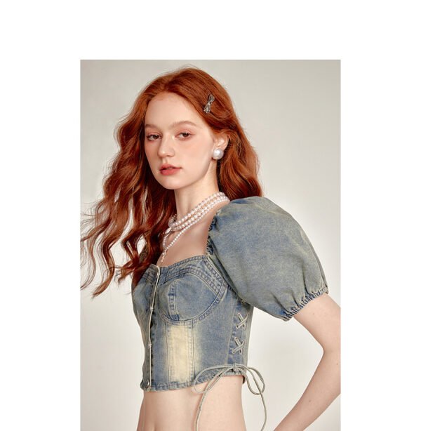 Lace-up Smocking Waist Slim Fit Cropped Denim Top - Image 10