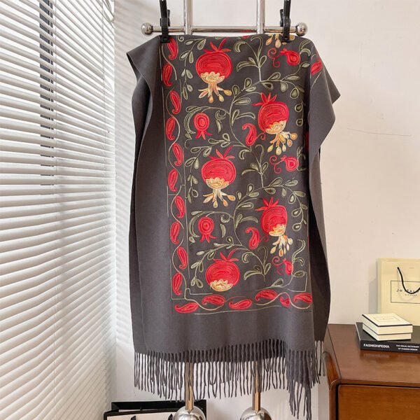 Contrast Color Pomegranate Leaf Embroidered Double-sided Shawl - Image 7