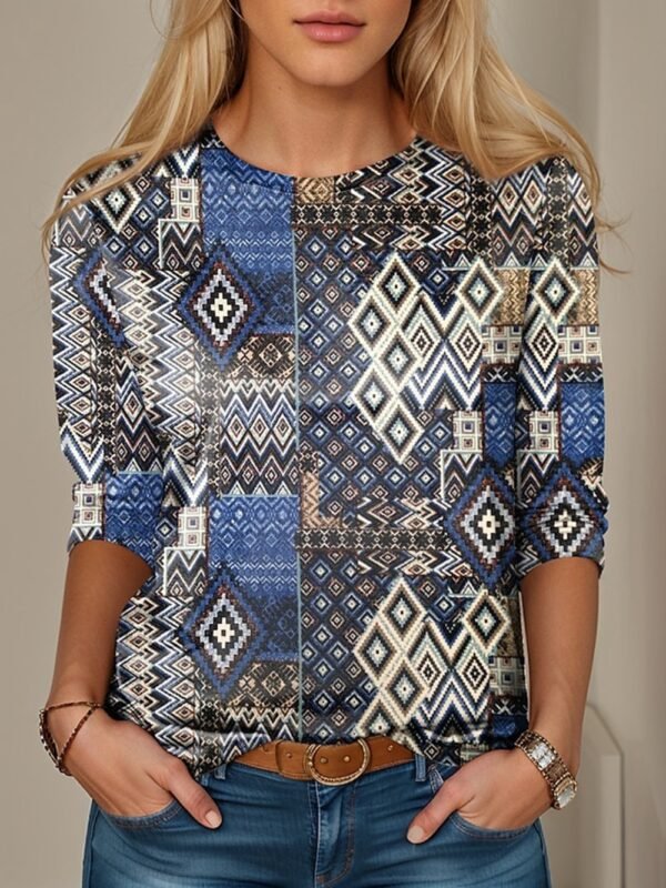 Women's Geometric 3D Digital Printed Loose Long Sleeves Sweater - Image 5