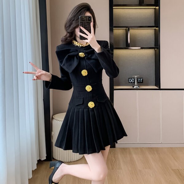 Big Bow Short Plaid Woolen Dress - Image 3