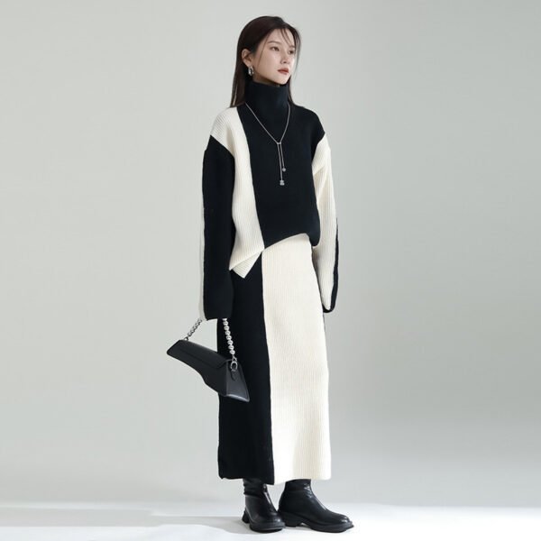 Black And White Color Contrast Patchwork Sweater Skirt Suit - Image 2
