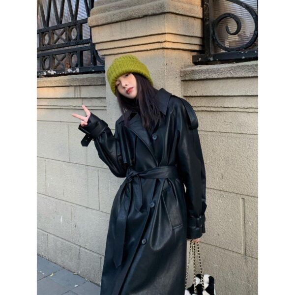 Advanced Sense Black Leather Coat Thick Loose - Image 2