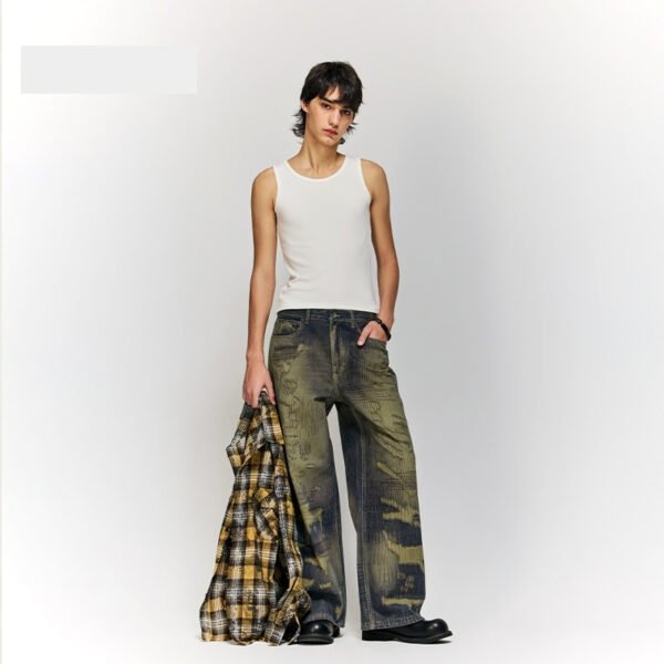Autumn And Winter New American Street Fashion Printed Denim Wide Leg Pants For Men - Image 4
