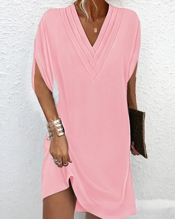 V-neck Pleated Batwing Sleeve Dress - Image 8