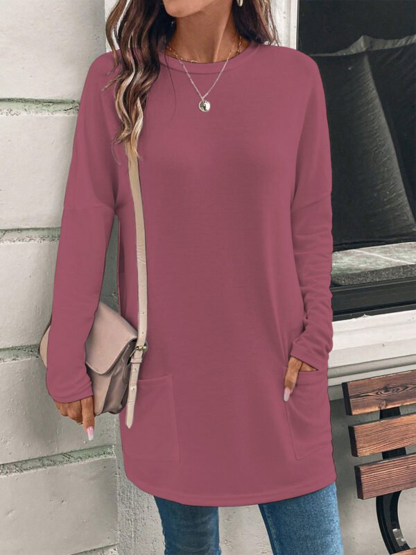 Women's Solid Color Long Sleeve Loose Round Neck Pocket Top T-shirt - Image 10