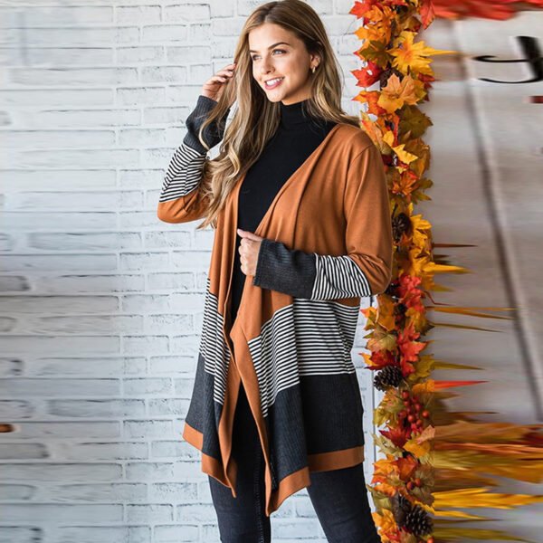 Striped Color Stitching Knitted Cardigan - Image 2