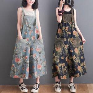 Korean Style Plus Size Fat Sister Printed Denim Wide Leg Suspender Pants