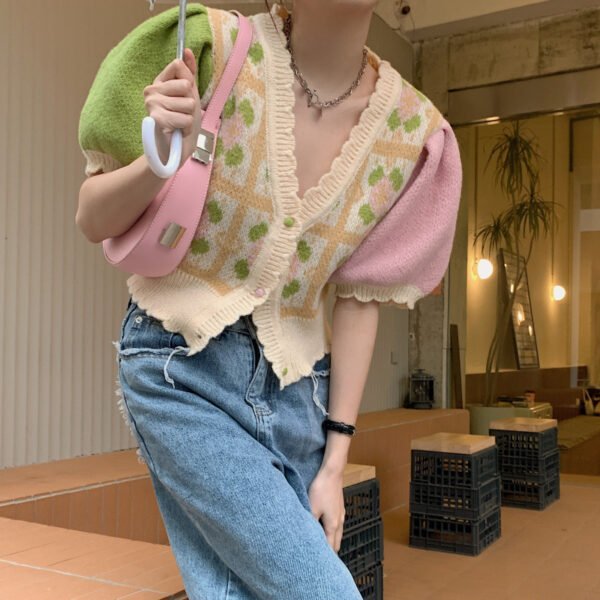 Design Sense Niche Chic V-neck Short Sleeve Knitted Ice Silk Cardigan - Image 2