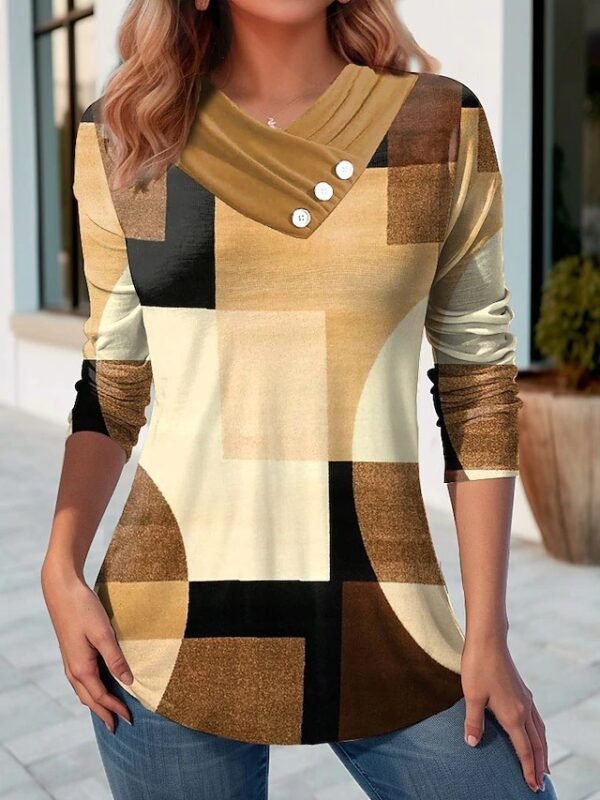 Women's Geometric Stitching Contrast Color V-neck Top - Image 7