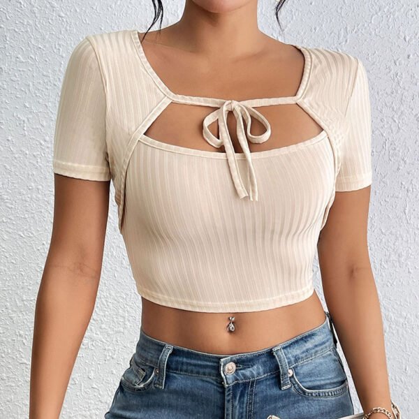 Women's Sunken Stripe Rib Lace-up Square Collar Top - Image 6