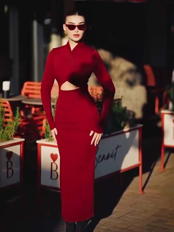 Burgundy Red Cutout Long-sleeved Bodycon Dress - Image 4