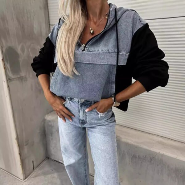 Fashion Loose Casual Washing Denim Stitching Hooded Women's Sweater - Image 2