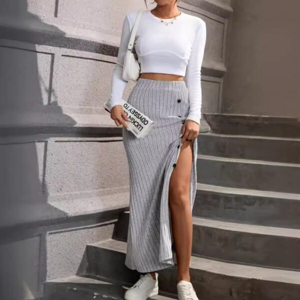 Women Knitted Dress Sunken Stripe Slit Fastener Decoration Sheath Skirt - Image 3