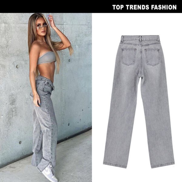 Women's High Waist Sand Gray Straight-leg Denim Trousers - Image 5