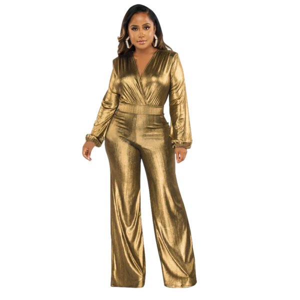 Sexy V-neck Lantern Sleeve Bronzing Jumpsuit - Image 5