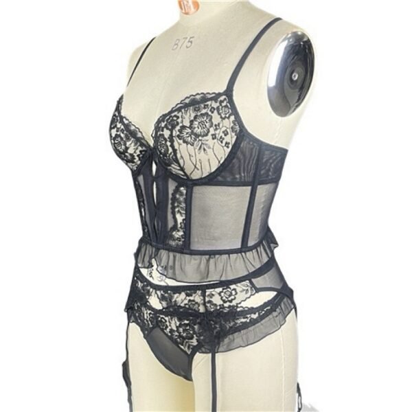 New 3-piece French Style Lace Lingerie Women's Breathable Hollow-out Fishbone Corset Ultra-thin Bra Set - Image 8
