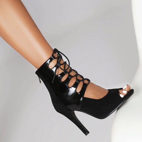 Suede Paint Leather Stitching Round Toe High Heel Sandal Boots - Image 3