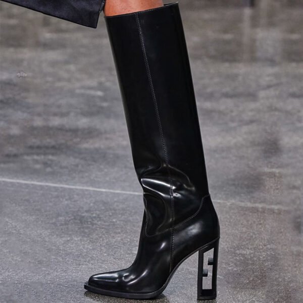 Square Toe Hollow-out Chunky Heel Cowhide Commuter Long Fashion Boots - Image 7