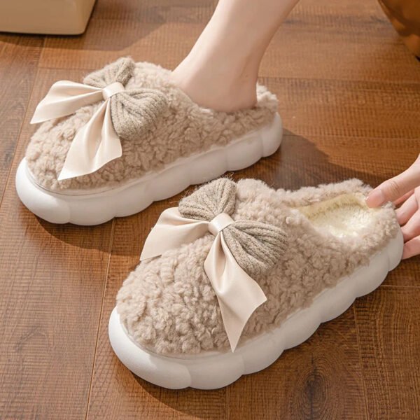 Winter Warm Fur Slippers For Women Cute Bow House Non Slip Soft Shoes Comfort Flat Heel Home Indoor Bedroom Plush Slippers - Image 8