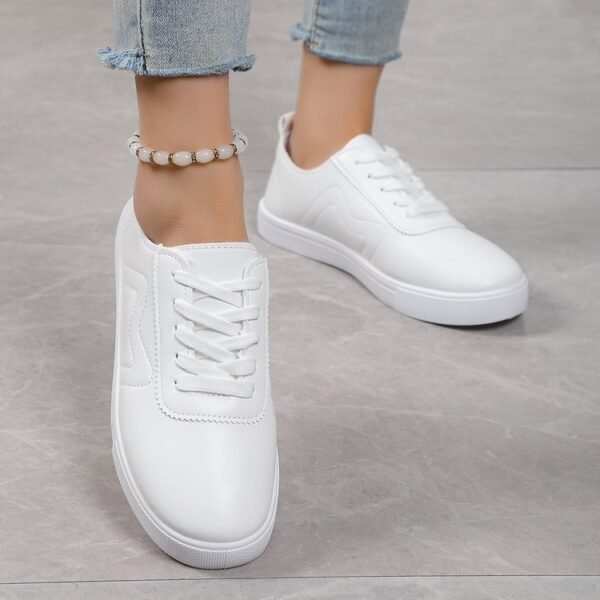 Round Toe Flat Bottom Lace Up Casual Comfortable White Shoes - Image 4