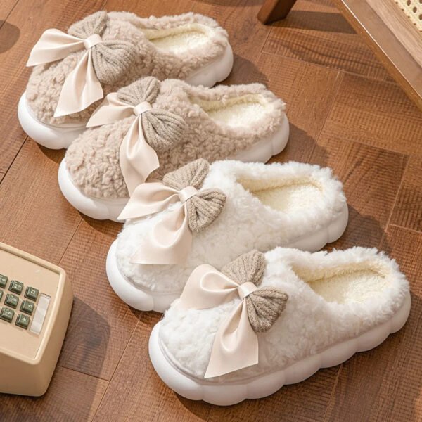 Winter Warm Fur Slippers For Women Cute Bow House Non Slip Soft Shoes Comfort Flat Heel Home Indoor Bedroom Plush Slippers - Image 6