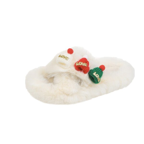 Christmas Hat Fluffy Slippers Women's Warm Toe Covering Cotton Slippers - Image 7