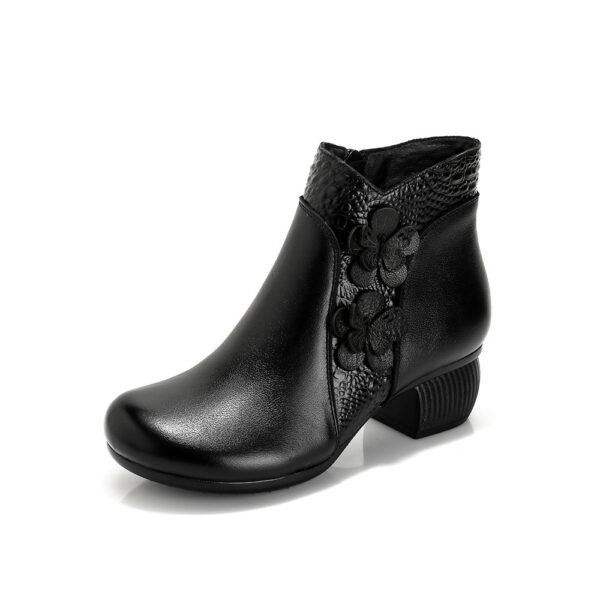 Soft Surface Cattlehide Leather Fashion Medium Chunky Heel Flower Martin Boots - Image 7