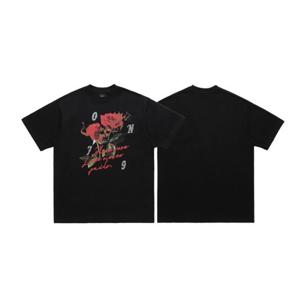 Street Rhinestone Rose Direct Injection Printing Drop Shoulder Loose Couple T-shirt - Image 5