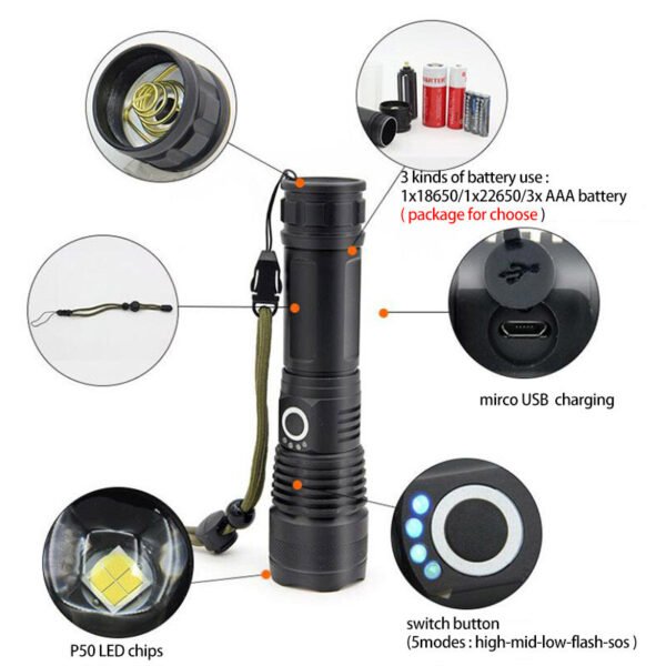 USB Charging Zoom P50 Flashlight - Image 10