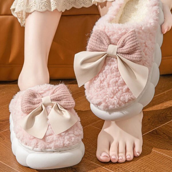 Winter Warm Fur Slippers For Women Cute Bow House Non Slip Soft Shoes Comfort Flat Heel Home Indoor Bedroom Plush Slippers - Image 2