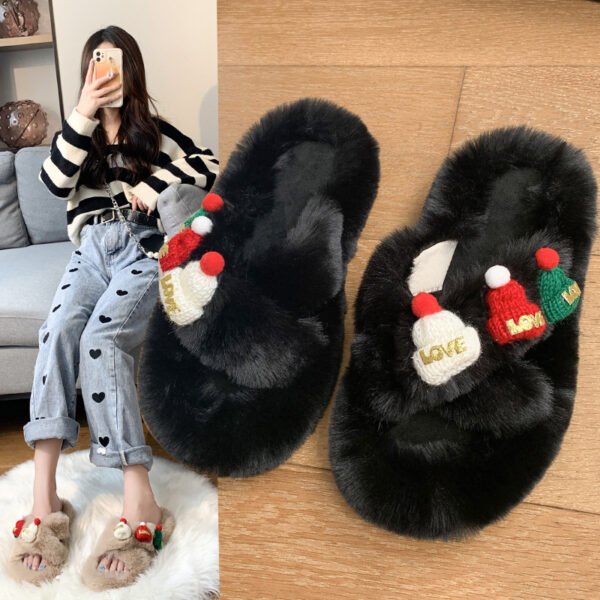 Christmas Hat Fluffy Slippers Women's Warm Toe Covering Cotton Slippers - Image 3