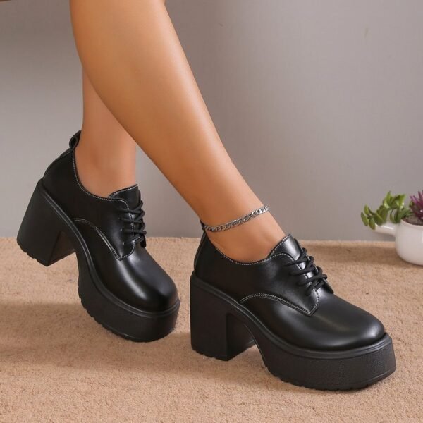 Chunky Heel Lace-up High Heel Leisure Versatile Small Leather Shoes - Image 2