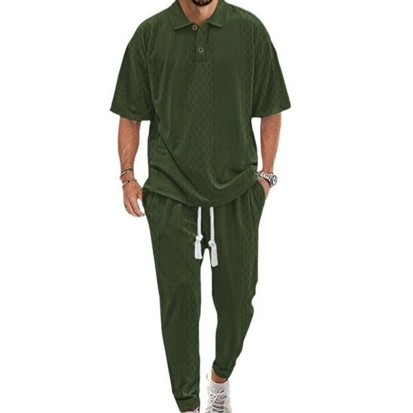 Solid Color Jacquard Heavy T-shirt Trousers Suit - Image 4