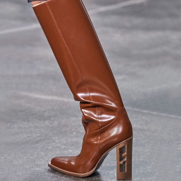 Square Toe Hollow-out Chunky Heel Cowhide Commuter Long Fashion Boots - Image 6