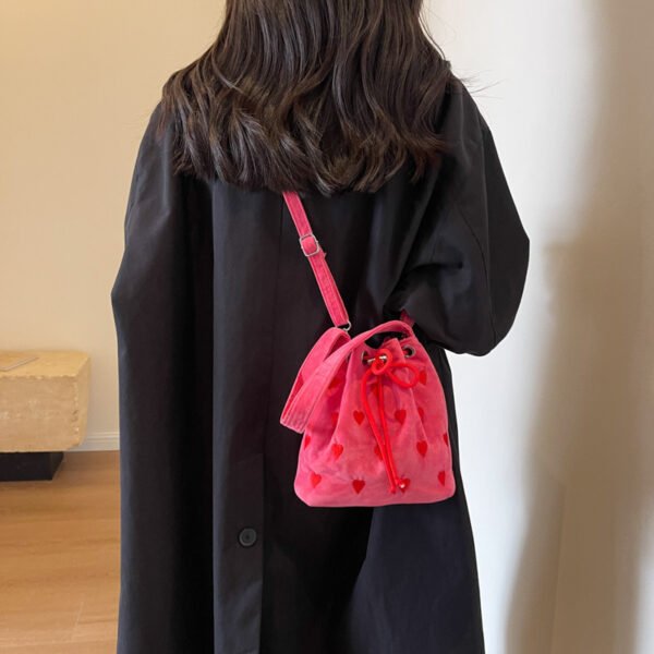 Embroidery Love Pull-belt Shoulder Messenger Textured Mini Bucket Bag - Image 5