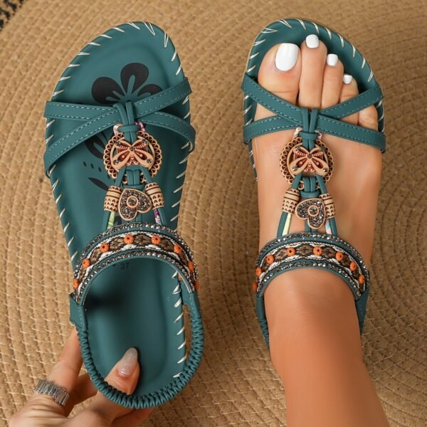 Women's Large Size Flat Bottom Flower Rhinestone Sandals - Image 9