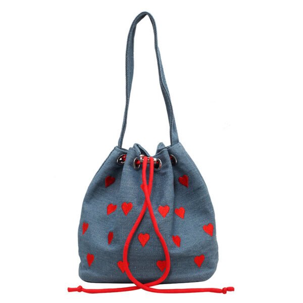 Embroidery Love Pull-belt Shoulder Messenger Textured Mini Bucket Bag - Image 3