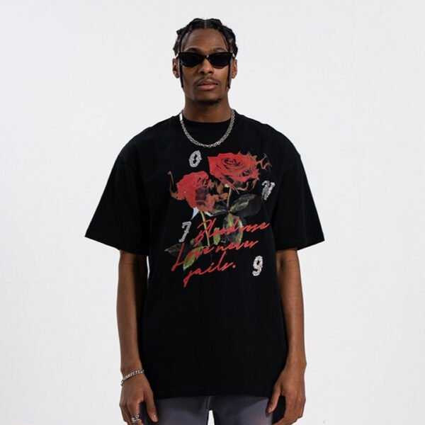 Street Rhinestone Rose Direct Injection Printing Drop Shoulder Loose Couple T-shirt - Image 2